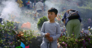 In a still from After the Rain, Chuan, a Chinese child, stands in a field of flowers, both real and fake, during a celebration. Smoke is in the background behind him as he looks off into the distance.